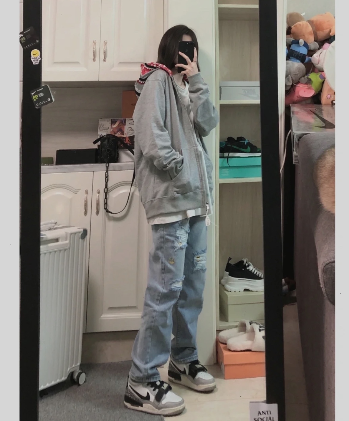 BAPE co-branded tiger head shark gray and pink double hoodie