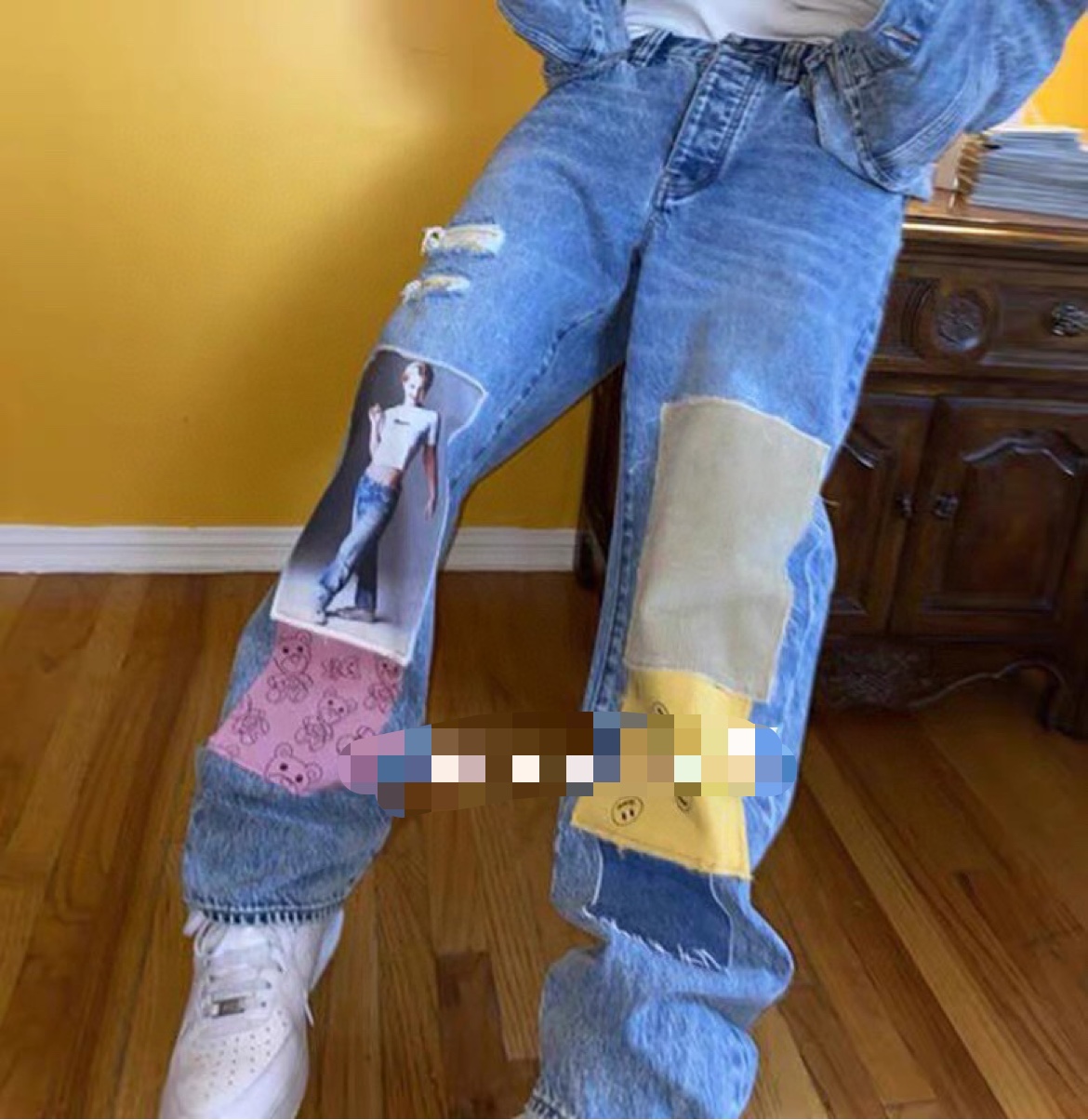 Drew Smiley Bear Patch Ripped Denim Trousers pants