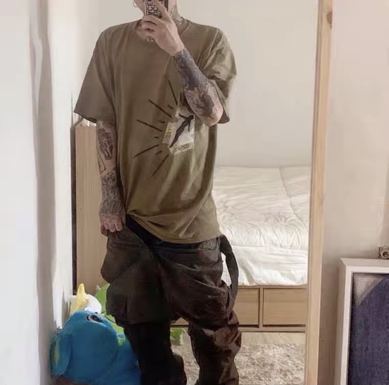 Travis Scott Retro washing to make old fixed dyeing letter printing short sleeves