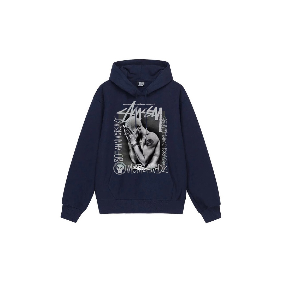 Stu$$y x Metalheadz SS24 collaboration hoodie with chest logo and character graphic print