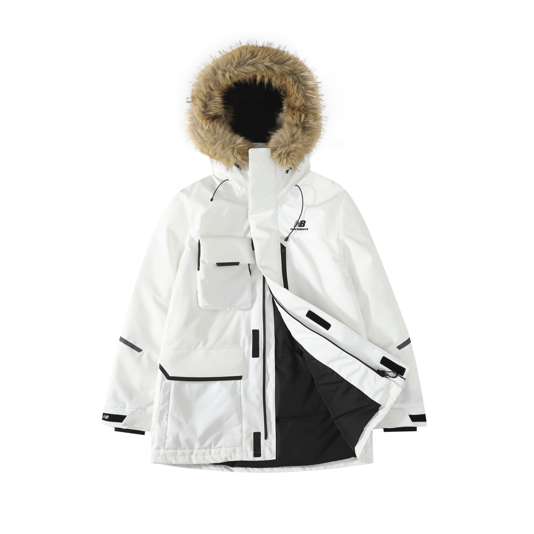 New Balance Solid-color Fur-trimmed Mid-length Hooded Down Jacket